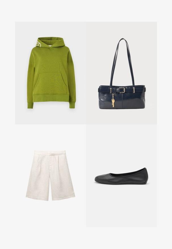 Hanorac verde cu glugă, realizat dintr-un material moale, având un buzunar frontal și detalii de scriere albă pe marginea glugii. Croială lejeră.; Pantaloni scurți bej din in, cu un croi larg, având pliseuri frontale și o talie netedă. Materialul are un finisaj ușor texturat.; Balerini din piele neagră, cu vârf rotund, textură netedă, detalii de cusătură minimale și un design al tălpii flexibil.; Geantă de piele bleumarin cu două mânere lungi, detaliu cu cataramă și un breloc atașat. Are o textură netedă și o formă rectangulară.