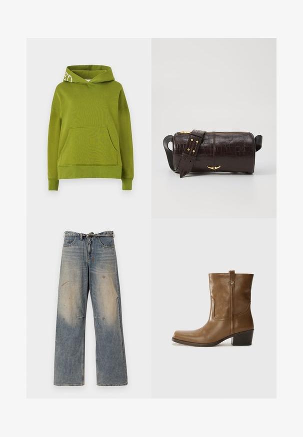 Zöld kapucnis pulóver, puha anyagból készült, elülső zsebbel és fehér betűszóval a kapucni szélén. Olasz szabású.; Világoskék farmernadrág, laza, egyenes szabással. Serteszálas, kopott és szakadt részletek jellemzik a térd környékén. Klasszikus öt zsebes stílus.; Barna bőrből készült bokacsizma négyzet alakú orral, texturált felülettel és alacsony, rakott sarkával. Hátsó húzófüllel és finom varrási részletekkel rendelkezik.; Barna krokodilbőr hatású bőr táska henger alakú, arany tónusú fémveretekkel és lecsatolható, szegecsekkel díszített pánttal.