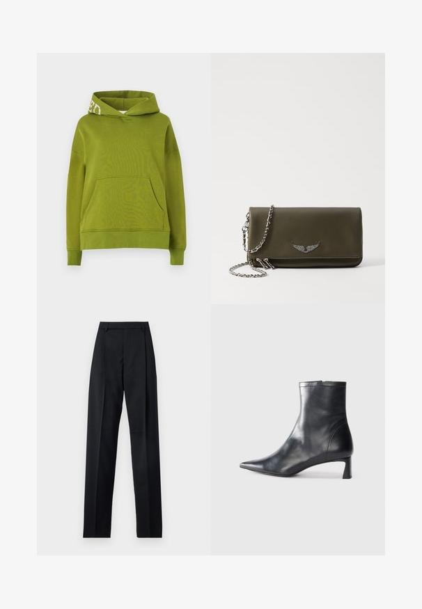 Žalia gobtuvinė megztinė iš minkštos medžiagos, turinti priekį kišenę ir baltą užrašą ant gobtuvo krašto. Atsipalaidavęs siluetas.; Juodos kelnės iš lygaus audinio, pasižyminčios aukštu liemeniu, plačiomis kojomis, priekinėmis klostėmis ir klasikiais diržo kilpomis. Šoninių kišenių nematyti.; Juodas odinis kulkšninis batas su smailiu pirštu ir elegantišku dizainu. Turi žemą kulną ir užtrauktuką gale. Lygi tekstūra.; Olive spalvos odinė delninė su metaliniu sparno akcentu, turinti grandinėlės dirželį ir užtrauktuko užsegimą, lygiu paviršiumi ir stačiakampio forma.