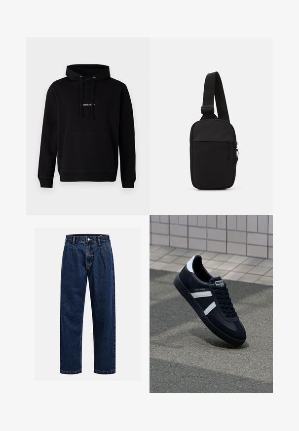 Must musta, millel on ees tasku, nööriga kapuuts ja rindkerel väike tikand. Klassikaline lõige ribidega varrukatega.; Tumed sinine denimiteksad sirge lõikega. Omavad nähtavat tikandit, nuppe sulgemiseks ning ees olevaid voldikesi lisadetailiks.; Must have musta sneaker musta valgete triipudega, tekstuurne kummitald ja nööridega esiosa. Omab bränditud märki keele peal.; Mustmust crossbody kott mustekangast, millel on üks reguleeritav rihm, lukuga põhiosas ja eesmine tasku.