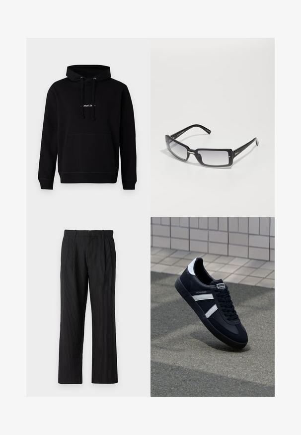 Hanorac negru din bumbac, cu buzunar frontal, glugă cu șnur și un mic logo brodat pe piept. Croială clasică cu manșete ribbate.; Jack & Jones JPSTBILL JJDAYTONA WIDE - Pantaloni - black; Sneaker din piele neagră cu dungi albe, talpă din cauciuc texturat și șireturi. Prezintă un eticheta de marcă pe limbă.; Ochelari de soare rectangulare negri cu lentile cu gradient, având un cadru gros și detalii metalice accent pe brațe. Textură netedă pe întreaga suprafață.