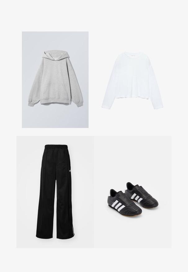 Grå sweatshirt med huva, oversized passform, sänkta axlar, stor framficka, ribbade muddärmar och nederkant, tillverkad av mjukt bomullsblandat tyg.; Långärmad vit croppad t-shirt, tillverkad av mjukt material, har rund hals och en avslappnad passform med manschetterade ärmar. Enkel och ren design.; Svarta byxor med vida ben i tracksuit-stil med elastisk midja, prydda med vita sidostråk och en liten logotyp på vänster höft. Slät tygtextur.; Svarta fotbollsskor med en texturerad läderöverdela, som har en vadderad framdel, tre vita ränder på sidorna och en yttermaterial av gummirubber.