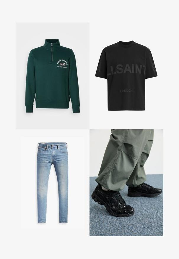 Sudadera de color verde oscuro con cremallera de cuarto, alto cuello, puños y dobladillo acanalados, y logo de texto blanco "GANT American Sportswear New Haven Connecticut" en el pecho.; Camiseta negra de gran tamaño con el texto en gris oscuro "ALLSAINTS" en el pecho y "LONDON" en letras más pequeñas debajo.; Jeans ajustados de color azul claro con un ligero desgaste en los muslos, cierre frontal con botón, trabillas para cinturón y estilo de cinco bolsillos sobre un fondo blanco.; Zapatillas deportivas negras con texturas brillantes y de malla, que presentan una suela gruesa y cordones, combinadas con pantalones cargo holgados de color verde oliva.
