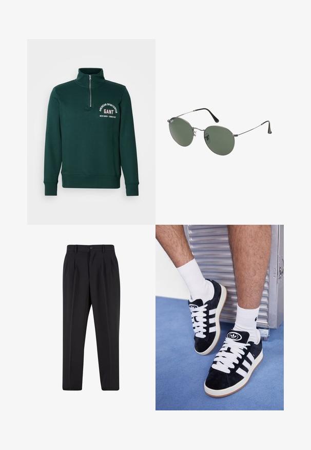 Sötétzöld, negyedcipzáros pulóver magas gallérral, bordás mandzsettákkal és szegéllyel, a mellkason fehér szöveges logóval: "GANT American Sportswear New Haven Connecticut".; Fekete nadrág, pliszézett elejű dizájnnal, sima anyagból készült. Gombos záródás és övhurkok jellemzik; egyenes szabású.; Fekete velúr sportcipők fehér fűzőkkel és három fehér csíkkal. A nyelvén egy kör alakú fekete logó található, valamint egy gumis talp.; Fémkeretes napszemüveg ovális zöld lencsékkel. Vékony ezüst színű fémkeret és fekete fülrész. Minimalista dizájn, látható logók nélkül.