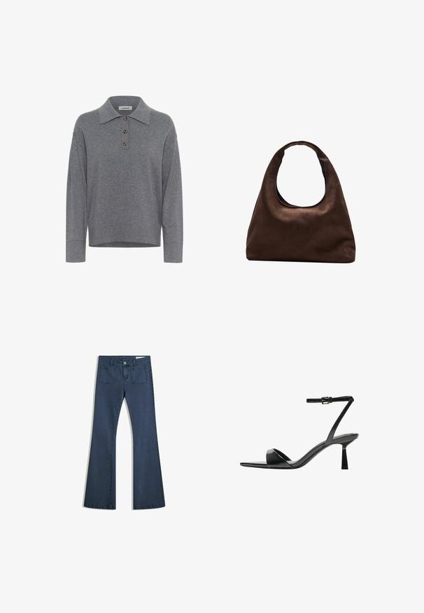 Grå långärmad stickad tröja med krage och tre bruna knappar på placket, märkt "soaked."; Mörkblå utsvängda jeans i denim med sydda fickor, knappstängning och en slät yta. Har en klassisk femfickedesign.; Bershka Sandaletter - black; Mjuk brun hobo-väskastil med ett brett axelband och en rundad öppning upptill, visad på en vit bakgrund.