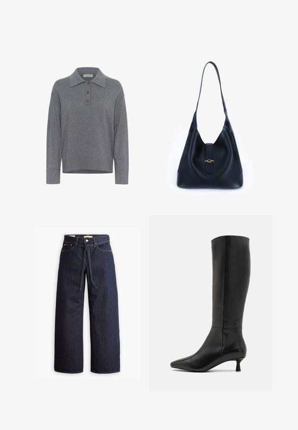 Szürke, hosszú ujjú, kötött pulóver gallérral és három barna gombbal az elején, "soaked" felirattal.; Széles lábú, sötétkék farmernadrág magas derékkal, húzózsinórral, öt zsebbel és kontrasztos varrással.; Zign Csizmák - black; Fekete bőr kézitáska, puha, laza dizájnnal. Lapított pánttal és középső záródással rendelkezik, amelyet arany díszít.