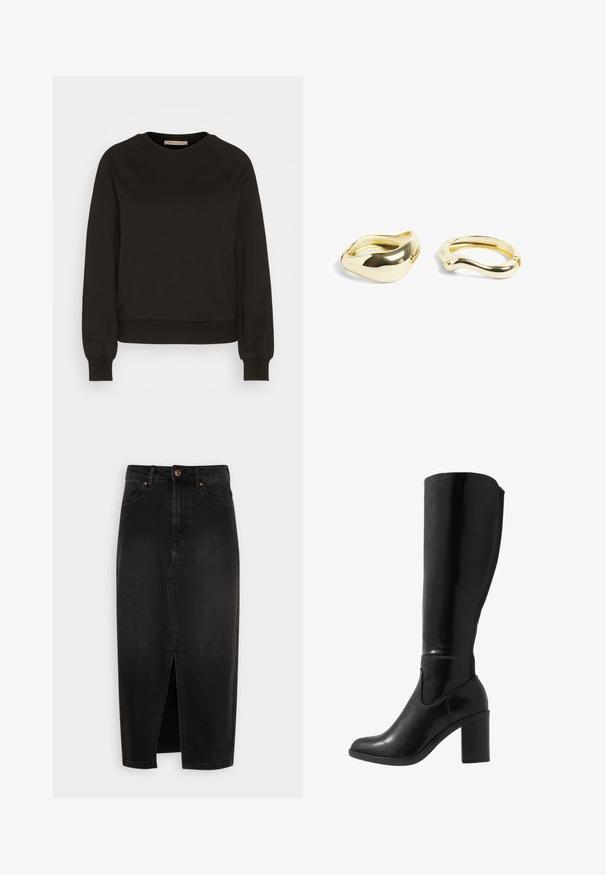 Juodas džemperis su apvalia iškirpte, ilgomis raglan rankovėmis, elastingomis rankogaliais ir prigludusia apačia. Pagamintas iš minkštos medžiagos, minimalizmo stiliaus.; Juodas džinsinis sijonas, iki kelių, su priekinėmis plyšiu, standartiniu juosmeniu ir vario atspalvio sagomis. Lygi tekstūra, klasikinis dizainas.; Juodai blizgūs batus iki kelių su apvaliu pirštu, lygiu paviršiumi, šoniniu įpjovimu ir masyviu padidintu kulnu.; NA-KD 2-PACK - Apyrankė - gold-coloured
