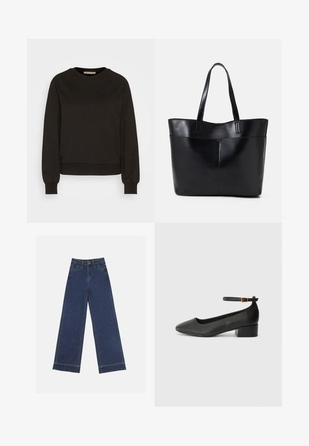 Fekete pulóver kerek nyakkivágással, hosszú raglánujjakkal, elasztikus mandzsettákkal és testhezálló aljjal. Puha anyagból készült, minimalista design.; Sötétkék denim széles lábú farmernadrág. Öt zsebbel, övhurkokkal és nyers szegéllyel az alján, amelyen látható varrási részletek találhatók.; Fekete bőr magassarkú cipő hegyes orral és alacsony tömb sarkal. Bokapánttal rendelkezik, aranyszínű csattal. Simább textúra.; Fekete bőr bevásárlótáska két hosszú fogantyúval, sima felülettel és strukturált formával. Elülső zseb található rajta a plusz tárolás érdekében.