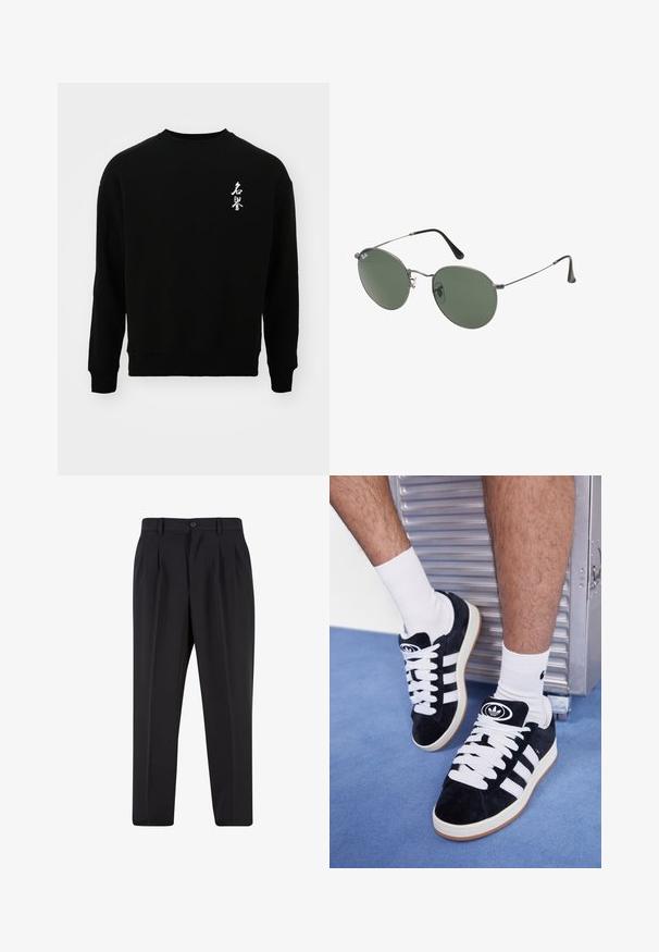 Jack & Jones JORHONOR CREW NECK UNISEX - Felpa - black; Pantaloni neri con design a pieghe sul davanti, realizzati in tessuto morbido. Presentano una chiusura con bottone e passanti per cintura; vestibilità a gamba dritta.; Sneakers in suede nero con lacci bianchi e tre strisce bianche. Presentano un logo circolare nero sulla linguetta e una suola in gomma color gomma.; Occhiali da sole con montatura in metallo e lenti verdi ovali. Montatura sottile in metallo argento e terminali neri. Design minimalista, senza loghi visibili.