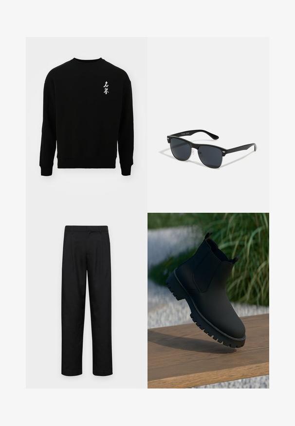 Jack & Jones JORHONOR CREW NECK UNISEX - Pusa - black; Mustad mustadest riietest, millel on sirge jalgade disain, kaks eesmist voltimist ja tavaline vöökoht, millel on vöökohad.; Mustad mustasaapad siledast viimistlusest, elastsete külg-paneelidega ja paksu, robustse tallaga. Asetatud loodusliku tausta kohale puidu pinnale.; Mustad mustmikrooni kujuga mustad prillid, tumedate klaasidega, hõbedased detailid templite juures ja mati viimistlusega raam.