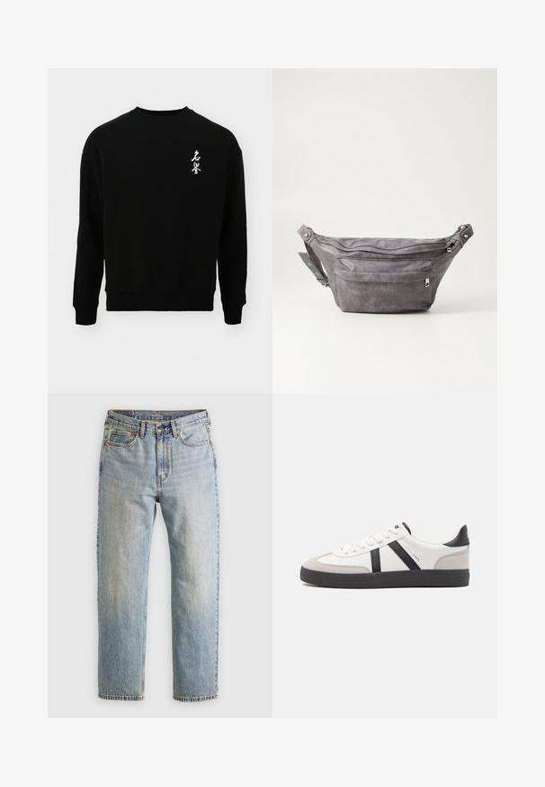 Jack & Jones JORHONOR CREW NECK UNISEX - Ikdienas džemperis - black; Gai zila denima bikses ar augstu jostasvietu, priekšējo pogu, rāvējslēdzēju un piecu kabatu dizainu, izlīdzinātas uz neitrāla fona.; Baltas sneakeris ar melniem un pelēkiem akcentiem, kuram ir teksturēts pelēks purngals, melna gumijas zole un plakanas baltas šņores. Tīrs dizains, minimālisma stils.; Pelēks zamšādas jostas somiņa ar noapaļotu formu, divām kabatām ar rāvējslēdzējiem un regulējamu siksnu. Iekļauj metāla aksesuārus.