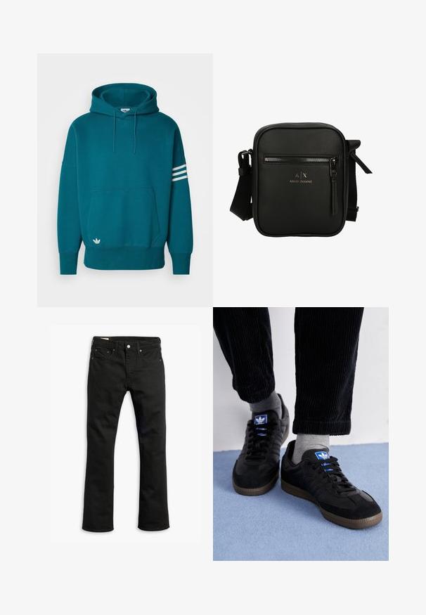 Sudadera con capucha en color azul verdoso, con un bolsillo delantero, cordón y un patrón de tres rayas blancas en la manga. Presenta un detalle de logo en el dobladillo.; Camiseta de algodón blanca con manga corta, escote redondo y una textura suave. Diseño simple sin patrones ni gráficos.; Jeans de mezclilla negra con un diseño de pierna recta, cinco bolsillos, cierre de botón de metal y detalles de costura sutiles. Textura suave y color sólido.; Zapatillas negras de ante y cuero, con un logo azul y suela de goma marrón. Combinadas con calcetines grises y pantalones de pana.; Bolso cruzado de cuero negro con forma rectangular, bolsillo delantero con cremallera, correa ajustable y logotipo en relieve en la parte frontal.