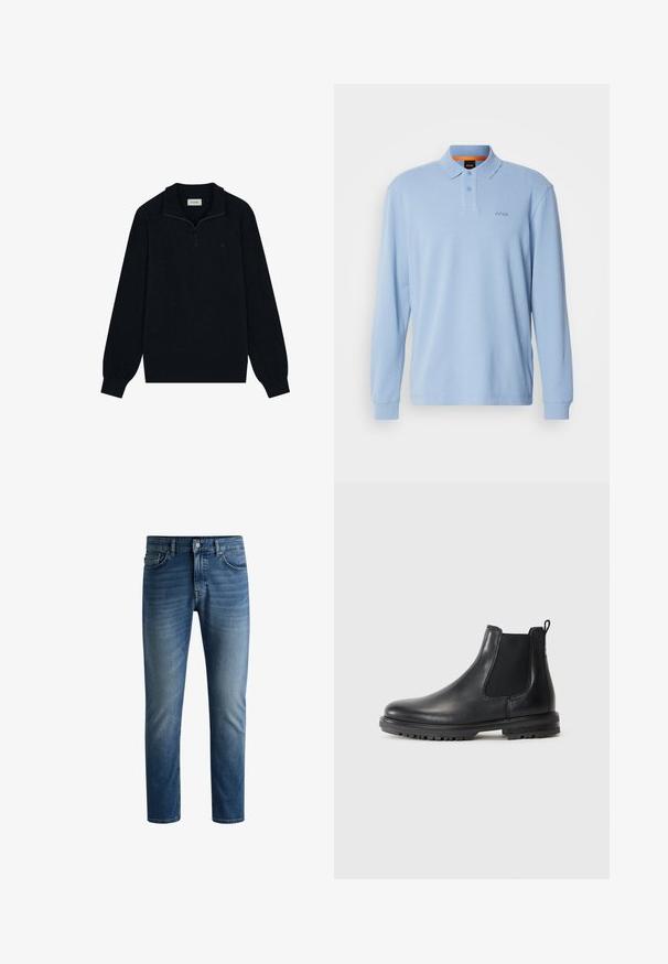 Czarna rozpinana bluza wykonana z miękkiego materiału, z kołnierzykiem, długimi rękawami oraz subtelnym detalem logo na piersi.; Jasnoniebieska koszulka polo z długim rękawem z teksturowanej tkaniny, z kołnierzykiem i zapięciem na dwa guziki, z haftowanym logo "BOSS" na piersi.; Ciemnoniebieskie dżinsy z prostym krojem, pięcioma kieszeniami, delikatnym wyblaknięciem na udach i jednym guzikiem przy pasku.; Czarne skórzane botki Chelsea z elastycznymi bocznymi panelami, pętlą do ciągnięcia, zaokrąglonym noskiem oraz wytrzymałą podeszwą z rowkami zapewniającymi przyczepność.