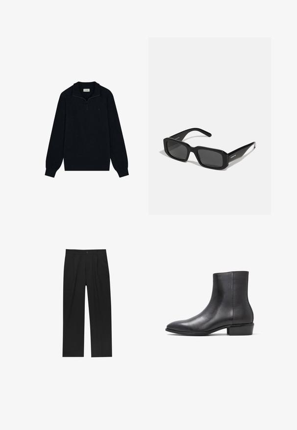 Pulover negru cu fermoar, realizat dintr-un material moale, având guler, mâneci lungi și un detaliu discret cu logo pe piept.; Pantaloni negri cu un design drept, fabricați dintr-un material neted. Au plisse în față și un sistem de închidere cu un singur buton la talie.; ALDO PILLOWWALK+FLEX INSIDE ZIP AMUR - Botine clasice - open black; Arnette THEKIDD UNISEX - Ochelari de soare - black