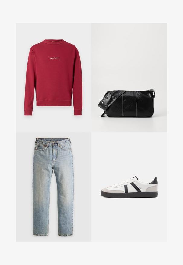 Burgundy sweatshirt made of cotton blend with a crew neck, ribbed cuffs, and hem. Features white embroidered text "Original Studio" on the front.; Light blue denim jeans with high waist, front button, zipper, and five-pocket design, laid flat on a neutral background.; White sneaker with black and gray accents, featuring a textured gray toe cap, black rubber sole, and flat white laces. Clean design, minimalist style.; Black leather shoulder bag with a zip closure, featuring a textured body, white stitching, and a strap with silver grommets.