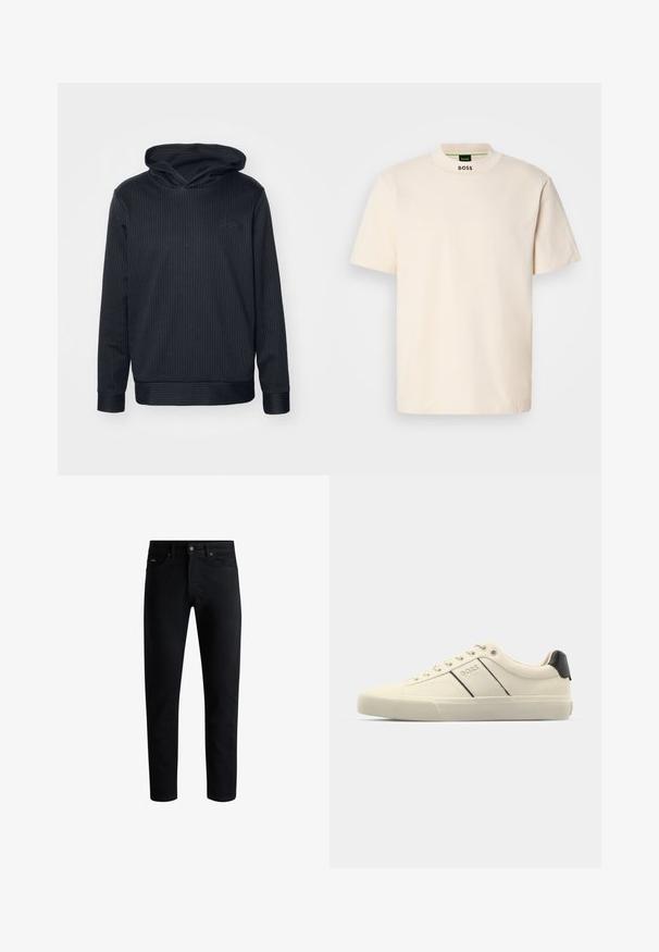 Černá mikina s kapucí, vertikální pruhy, dlouhé rukávy a žebrované manžety. Na přední straně se nachází logo v jemném tónu. Měkká textura.; Krémové tričko s krátkým rukávem a vysokým límcem, na přední části krku a vnitřní štítku s potiskem "BOSS" v černé barvě.; Černé slim-fit džíny s pěti kapsami, zapínáním na knoflík a poutek na opasek, vystavené na bílém pozadí.; Krémové tenisky s hladkým povrchem, s černými akcenty a logem. Klasický šněrovací design s kulatou špičkou a gumovou podrážkou.