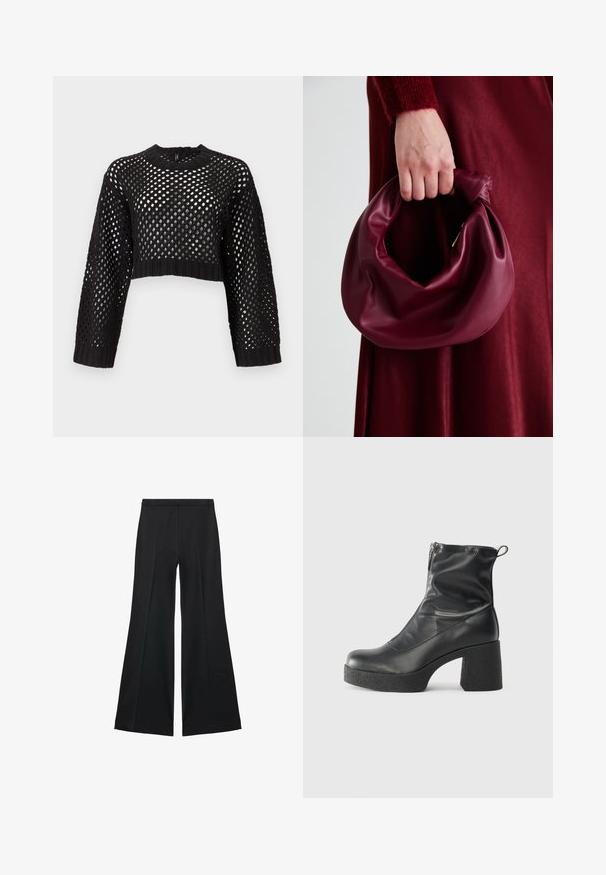 Black cropped sweater with open mesh design, long sleeves, ribbed cuffs and hem, featuring a round neck and textured surface.; Black wide-leg pants with a smooth texture, featuring front pleats and a tailored design. The fabric is lightweight and flowy.; Black ankle boots made of smooth leather, featuring a side zipper, chunky textured heel, and rounded toe design.; Burgundy leather handbag with a soft, gathered design and a rounded shape. The handle is secured, showcasing a smooth texture.