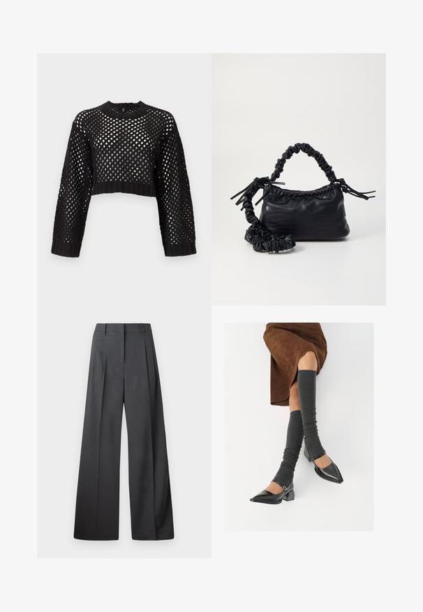 Schwarzer, verkürzter Pullover mit offener Maschenstruktur, langen Ärmeln, gerippten Bündchen und Saum, ausgestattet mit einem runden Hals und strukturiertem Oberflächendesign.; Weite Hosen aus dunkelgrauem Stoff, mit hoher Taille, einzelnen Falten und einer glatten Textur mit sauberen Abschlüssen an den Säumen.; Schwarze lacklederne spitze Schuhe mit Blockabsatz und Knöchelriemen, kombiniert mit grauen gerippten Beinstulpen und einem braunen Wildlederrock.; Schwarze Handtasche aus Kunstleder mit Krokodilstruktur, gerafftem oberen Teil und einem geschoppten Tragegurt. Sie wirkt weich und kompakt im Design.