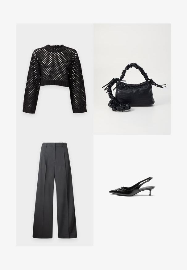 Black cropped sweater with open mesh design, long sleeves, ribbed cuffs and hem, featuring a round neck and textured surface.; Wide-leg trousers in dark gray fabric, featuring a high waist, single pleats, and a smooth texture with a clean finish at the hems.; Black leather slingback heels with a pointed toe, small kitten heel, and a decorative knot detail on the front. Smooth texture throughout.; Black faux leather handbag with a crocodile texture, cinched top, and a scrunched strap. Appears soft and compact in design.