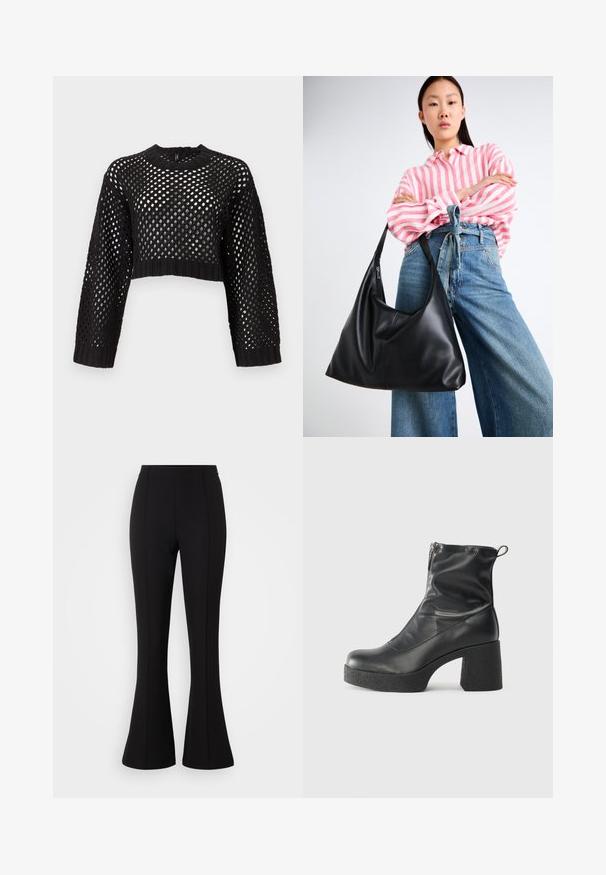 Schwarzer, verkürzter Pullover mit offener Maschenstruktur, langen Ärmeln, gerippten Bündchen und Saum, ausgestattet mit einem runden Hals und strukturiertem Oberflächendesign.; Schwarze, ausgestellte Hosen aus elastischem Stoff, mit glatter Textur, hohem Bund und Nahtdetails an der Vorderseite.; Schwarze Stiefeletten aus glattem Leder mit seitlichem Reißverschluss, klobigem strukturiertem Absatz und runder Zehenform.; Schwarze Leder-Umhängetasche mit einer lässigen Form und Nahtdetails. Das Modell trägt ein pink-weiß gestreiftes Hemd zu weit geschnittenen blauen Jeans.