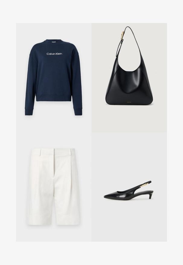 Calvin Klein HERO LOGO - Melegítőfelső - dark sapphire; Világos színű, pamut anyagú szabott rövidnadrág, sima elülső résszel, pliszével és egyenes szabással. Sima textúra klasszikus befejezéssel.; Fekete bőr slingback magassarkúk, hegyes orral, vékony sarkakkal és arany színű részlettel a állítható pánton. Simа felület.; Fekete bőr válltáska sima textúrával, ívelt szilüettel és arany színű fém díszítéssel. Az alján bemart márkalogó található.