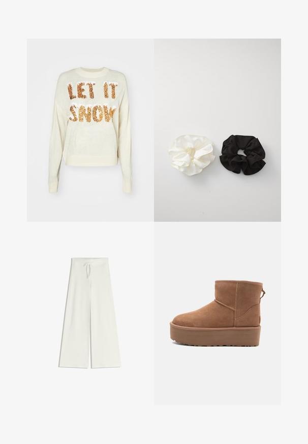 Krämfärgad tröja med texten "Låt det snöa" i glittrande guldpaljetter, med rundhals och ribbad muddar och fåll.; Breda, vita byxor i mjukt stickat material, med en elastisk midja och dragsko för justerbar passform. Slät struktur, utan mönster.; Tan mockasköna med plattformssula, rund tå och broderade detaljer; har en dragflik baktill för enkel påtagning.; Två satin scrunchies, en svart och en vit, med en rynkig design och slät textur, som visas mot en enkel vit bakgrund.