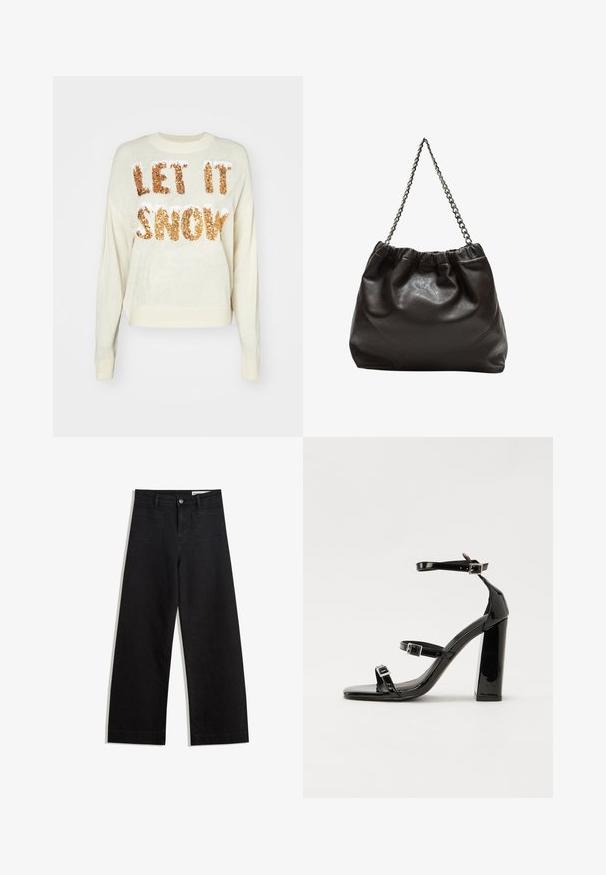Krémový svetr s nápisem "NECH TO SNĚŽÍ" ve třpytivých zlatých flitrech, s kulatým výstřihem a žebrovanými manžetami a lemem.; Černé denimové kalhoty s volným střihem a vysokým pasem, vybavené předními a zadními kapsami, prošívanými švy a knoflíkovým zapínáním. Hladká textura.; Černé lakované sandály na podpatku se čtveratou špičkou, lýtkovými pásky a stříbrnými přezkami. Disponují masivním blokovým podpatkem pro stabilitu.; Hnědá kožená taška se sbíraným vrškem a řetízkovým popruhem. Hladký povrch s lesklým finišem a jemným švem na bocích.