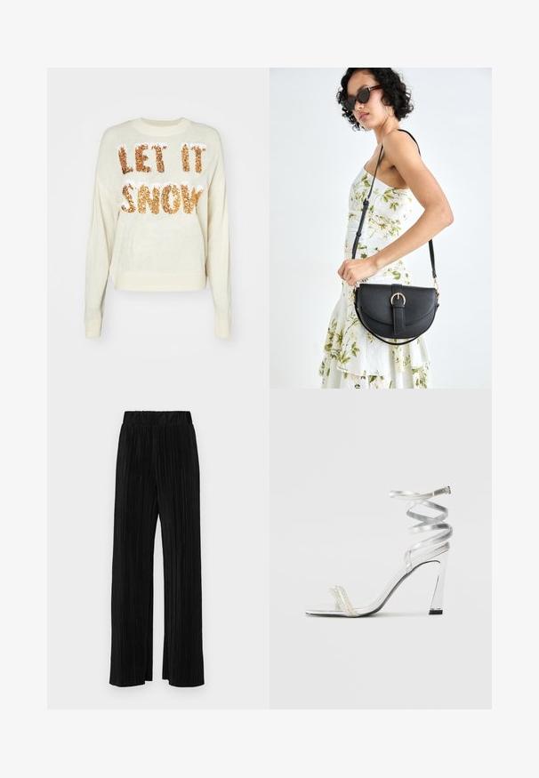 Pulover crem cu textul "LĂSAȚI SĂ NINGĂ" din paiete aurii strălucitoare, dotat cu guler rotund și manșete și tiv ribbate.; Pantaloni negri plisati cu talie elastică. Prezintă picioare largi și un material neted, texturat, cu dungi verticale.; Sandale argintii cu toc înalt, cu un design strălucitor al baretei, având un accent asemănător unei perle și o curea spiralată pentru prindere sigură.; Geantă din piele neagră, cu o formă curbată, curea detașabilă și accesorii aurii. Geanta are un capac cu un detaliu tip cataramă.
