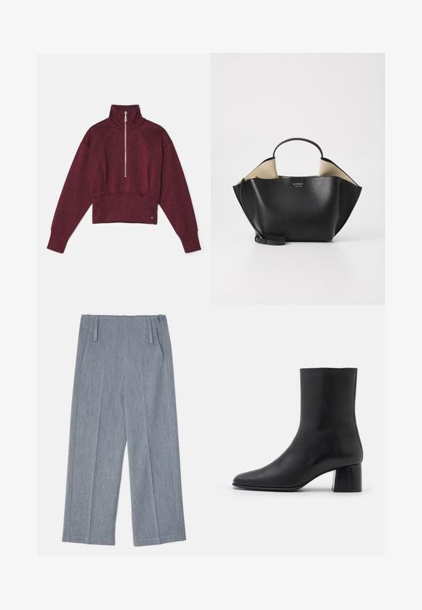 Burgundijas krāsas kropts džemperis ar augstu apkakli, pusfakts, un brīvi pieguļoši piedurknes. Audumam ir viegla spīduma un mīksta tekstūra.; Gai pelēki, platā kāju bikses, kas izgatavotas no teksturēta auduma, ar diviem priekšējiem krokām un divām sānu kabatām. Tīrs, šūts dizains.; Melnas ādas potīšu zābaki ar norādītu pirkstu un masīvu kvadrātveida papēdi. Gluda tekstūra ar bezšuvju dizainu un minimālistisku šuvēm.; Ree Projects ANN TOTE MINI - Rokassoma - black