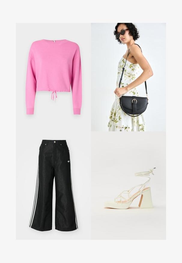 Roza skrajšana jopica z dolgimi rokavi, iz teksturirane pletene tkanine, s povezovanjem na robu in širokim izrezom.; Črne široke jeans hlače z dvema belima črtama na vsaki strani in majhnim belim logotipom. Imajo sprednje žepke in zapiranje na gumb.; Bela sandala na visokih petah s debelim petam, ki ima obliko trakcev in vezanje okoli gležnja. Gladka tekstura z platformo spredaj za dodatno višino.; Črna usnjena torbica s ukrivljeno obliko, z odstranljivo naramnico in zlatimi dodatki. Torbica ima pokrov s podrobnostmi v obliki zaponke.