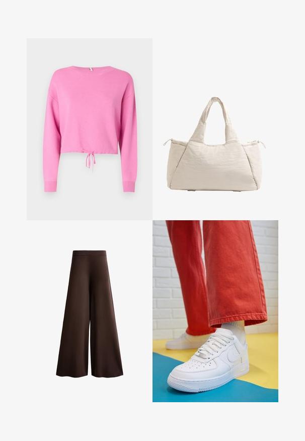 Rosa verkürzter Pullover mit langen Ärmeln, aus strukturiertem Strickmaterial, mit einer Kordelzugbindung am Saum und einem weiten Ausschnitt.; Braune weite Hosen aus weichem Stoff, mit hoher Taille, subtiler Textur und einer fließenden Silhouette ohne sichtbare Verschlüsse oder Verzierungen.; Weiße Leder-Sneaker mit perforiertem Zehenbereich, strukturiertem Sohlen und weißen Schnürsenkeln, kombiniert mit weiten roten Hosen und einem blauen und gelben Hintergrund.; Beige gesteppte Tragetasche mit zwei Griffen, runder Form, strukturiertem Stoff und einer seitlichen Kordelzugtasche. Glatte Oberfläche, minimalistisches Design.