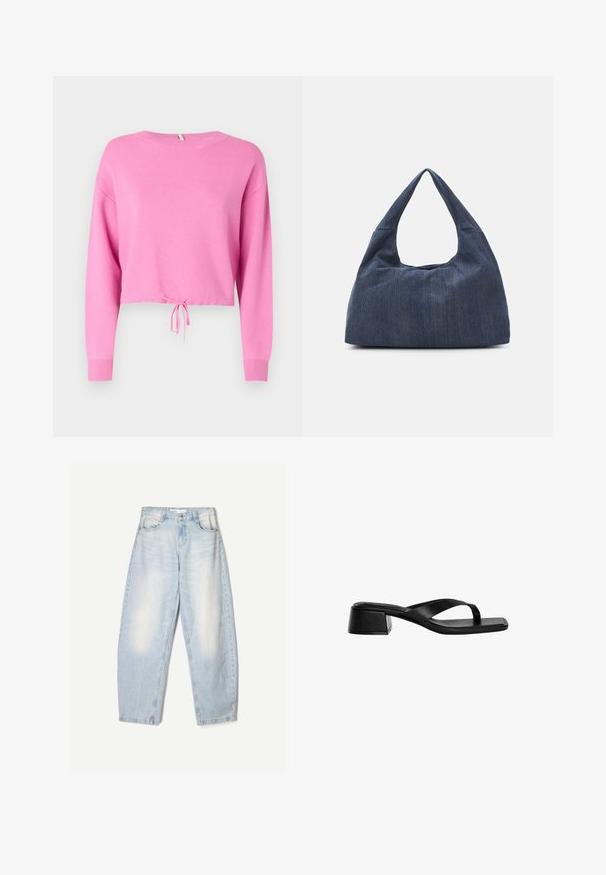 Rosa kortärmad tröja med långa ärmar, tillverkad av strukturerat stickat material, med dragsko vid fållen och en bred halsringning.; Ljust blå denimjeans med en lös passform, med en urblekt finish, två framfickor och en knappstängning vid midjan.; Svarta läderklackar med en tongsandalsdesign, fyrkantig tå och låg klack. Slät textur med minimalistisk stil.; Mörkblå denimväska med en mjuk, slapp form, som har ett hobo-inspirerat handtag och en texturerad yta. Inga synliga metallaccenter.