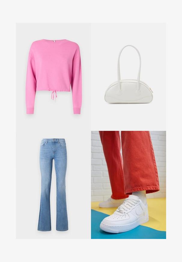 Rosa kort genser med lange ermer, laget av teksturert strikket materiale, med snor i kanten og vid halsåpning.; Lyseblå flagrende jeans med mid-rise liv, klassisk fem-lomme design, og subtile falming langs bena. Denim tekstur.; Hvit lær sneakers med perforert tåboks, teksturert såle og hvite snørebånd, paret med vide røde bukser og en blå og gul bakgrunn.; Even&Odd Håndveske - off-white