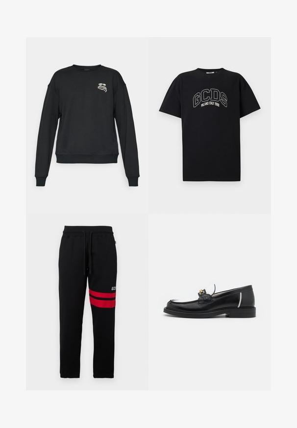 Black long-sleeve crewneck sweatshirt with small white graphic text "KARMA 93" and eyes on the left chest, ribbed cuffs and hem.; Black cotton t-shirt with short sleeves. Features white GCDS logo and "MILANO ITALY 1988" text in an arch. Standard fit and crew neck.; Black sweatpants with contrast red stripes and logo on the side. Features an elastic waistband with drawstring and tapered ankle cuffs.; Black leather loafer with a rounded toe, white accents, and gold hardware on the vamp. Features a textured patch and stacked heel.