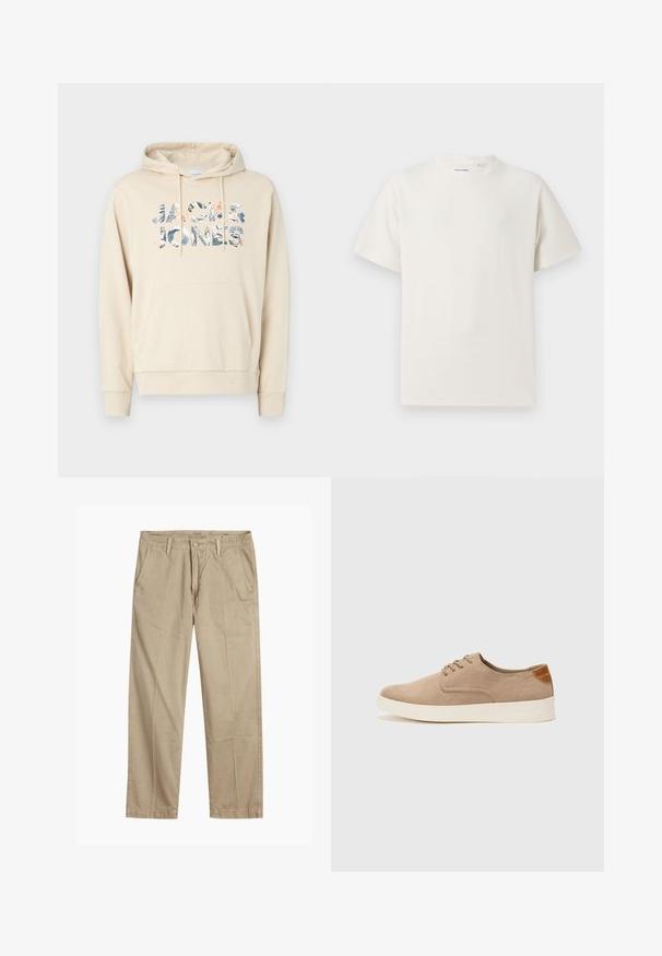 Beige hoodie met een buidelzak en een trekkoordcapuchon. Heeft een multikleurige grafische tekst "JACK & JONES" in een tropisch ontwerp.; Witte korte mouwen T-shirt met ribbelstructuur. Ronde hals, ontspannen pasvorm, geen zichtbare patronen of accenten. Eenvoudig en veelzijdig ontwerp.; Beige rechte pijpen chinos met riemlussen, voorkant met knoop en rits sluiting, en schuine voorzakken.; Beige suède sneakers met een ronde neus, vetersluiting aan de voorkant en een getextureerde achteraccent. De witte rubberen zool zorgt voor contrast. Eenvoudig en modern ontwerp.
