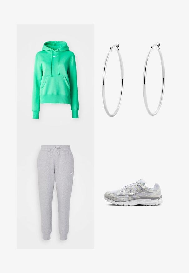 Zielona bluza z kapturem wykonana z miękkiego materiału, z przednią kieszenią, sznurkiem do regulacji kaptura, ściągaczami przy rękawach i małym białym logo na piersi.; Jasnoszare dresy z regulowanym pasem, zwężanymi nogawkami i małym białym logo na lewej udzie. Wykonane z miękkiego, teksturowanego materiału.; Jasnoszare buty sportowe z siateczkowym i syntetycznym wierzchem, wyposażone w sznurowanie, wyściełany kołnierz oraz teksturowaną podeszwę zapewniającą przyczepność.; Srebrne kolczyki koła o gładkim, polerowanym wykończeniu i bezszwowym designie, z zaokrąglonymi krawędziami i bezpiecznym zapięciem.