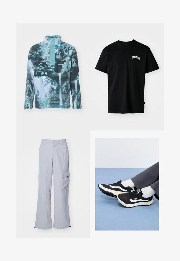Fleece-Pullover in Blau und Petrol, mit einem halben Reißverschluss und Druckknopfverschlüssen, einer Brusttasche und einer strukturierten, gemusterten Oberfläche.; Schwarzes Baumwoll-T-Shirt mit kurzen Ärmeln und Rundhalsausschnitt. Mit einem weißen, geschwungenen Logo "DICKIES" auf der Brust. Schlichtes Design, ohne Muster.; Helle graue Cargo-Hosen aus leichtem Stoff, mit lockerer Passform, Seitentaschen und verstellbaren Säumen für Vielseitigkeit.; Schwarze Sneaker mit weißen Akzenten, aus Mesh- und Gummimaterialien, mit einer strukturierten Sohle und Fersenschlaufe. Getragen mit weißen Socken und grauen Hosen.