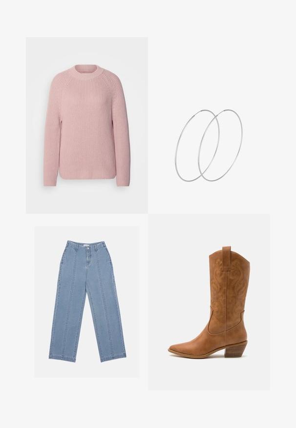 Marc O'Polo RAGLAN LONGSLEEVE ROUND NECK - Strickpullover - dusty rose; Hellblaue weite Jeans aus Denim. Mit hoher Taille, Knopfschluss und sichtbaren Nähten. Auf der Vorderseite sind keine Taschen sichtbar.; Braune Leder-Cowboy-Stiefel mit spitzem Zehenbereich, bestickten Wirbelmustern am Schaft und einem gestapelten Blockabsatz. Verfügt über einen Ziehriemen für das einfache Anziehen.; Silberne Creolen mit minimalistischem Design. Rundform, glatte Oberfläche und dünnes Profil. Leichtgewichtig mit hochglänzender Oberfläche.