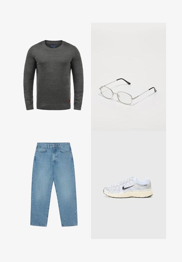 Gray knit sweater featuring a crew neckline, long sleeves, and ribbed cuffs and hem. Small brown label at the lower left side.; Light blue denim wide-leg jeans with a high waist, featuring five pockets, belt loops, and a soft, slightly faded texture.; White mesh sneakers with silver accents, black Nike swoosh, padded collar, and textured sole. Features a layered design for stability.; Metal eyeglasses with an oval frame, silver bezels, and clear lenses. Slim, straight arms with black tips, minimalist design.