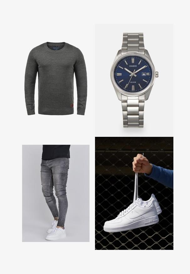 Šedý pletený svetr s kulatým výstřihem, dlouhými rukávy a žebrovanými manžetami a lemem. Malá hnědá nášivka na dolním levém boku.; Slim fit džíny v bledě šedém denimovém provedení, s opotřebovanými detaily na kolenou, kombinované s bílými teniskami. Hladká textura, těsný střih.; Bílé kožené tenisky s perforacemi, kulatou špičkou, plochou podrážkou a silnými tkaničkami, které mají viditelné logo swoosh a nápis "AIR" na patě.; Stříbrný nerezový náramkový hodinky s navy modrým ciferníkem, kovovými hodinovými značkami a oknem pro datum na hodině 3. Vodotěsné do 50 metrů.