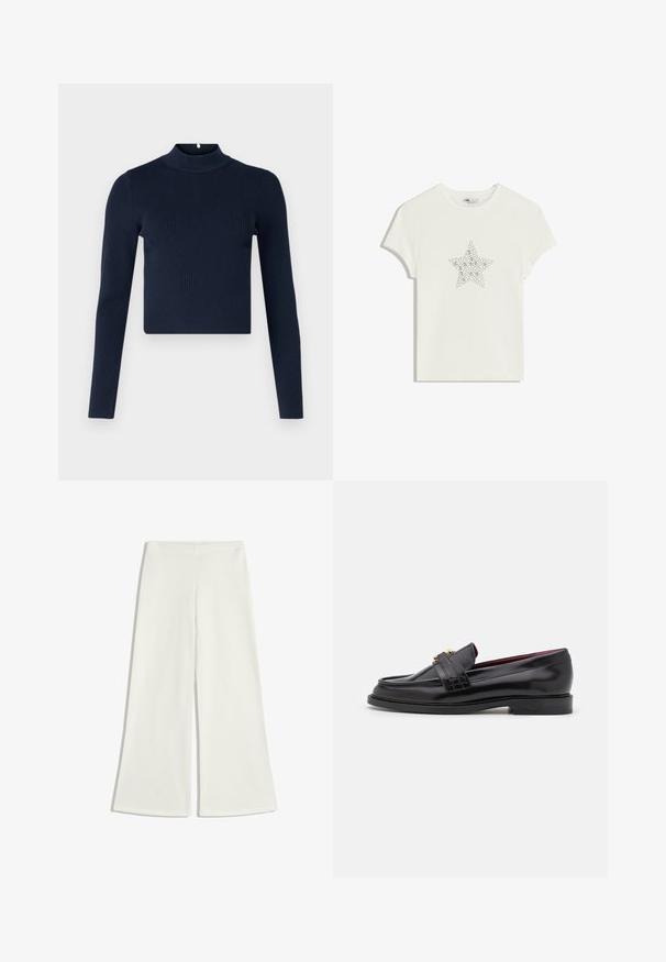 Navyblaues, geripptes Langarmoberteil mit hohem Kragen und cropped Design. Hergestellt aus strukturiertem Stoff im minimalistischen Stil.; Weißes Baumwoll-T-Shirt mit zentralem Stern-Design aus Strasssteinen, kurzen Ärmeln und Rundhalsausschnitt. Sanfte Textur, lässige Passform.; Weiße, weit geschnittene Hosen aus glattem Stoff. Sie haben eine hohe Taille und keine sichtbaren Nähte, was eine klare Silhouette schafft.; Schwarze Lederloafers mit einem gestickten Muster, glatter Textur, goldenen Schnallendetails und einer runden Zehenform, auf einer niedrigen schwarzen Sohle.