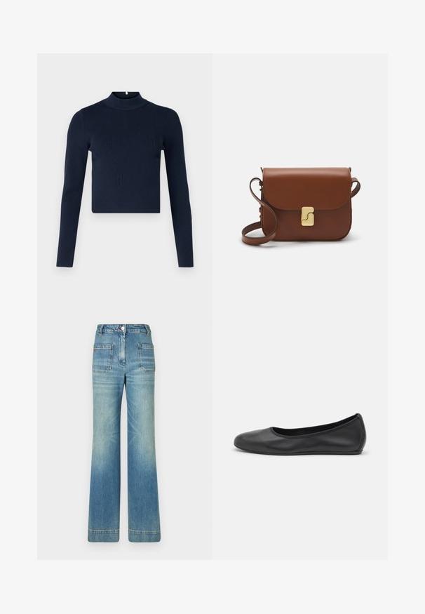 Temno modra rebrasta majica s dolgimi rokavi, visokim ovratnikom in skrajšanim dizajnom. Narejena iz teksturirane tkanine s minimalističnim slogom.; Bela kratka majica s kratkimi rokavi iz rebrastega materiala. Okrogla ovratnica, običajen kroj in subtilni šivi. Brez vzorcev ali grafik.; Svijetloplave traperice s flared nogavicama, pet džepova, petljama za remen, kopčanjem na dugme i blago izblijedjelim izgledom, s crvenim logo detaljem na stražnjem dijelu.; Črne usnjene balerinke z zaobljenim nosom, gladko teksturo, minimalnimi šivi in fleksibilno zasnovo podplata.; Rjava usnjena torbica s poklopcem, zlato obarvani okovi, naramnica in gladka tekstura. Kompaktna pravokotna oblika.
