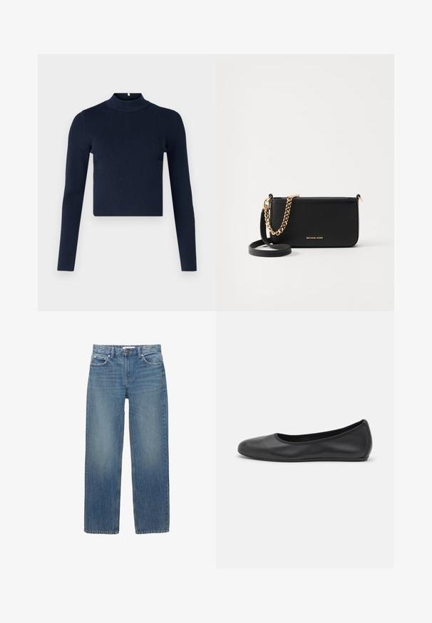 Navyblaues, geripptes Langarmoberteil mit hohem Kragen und cropped Design. Hergestellt aus strukturiertem Stoff im minimalistischen Stil.; Hellblaue Jeans aus Denim mit geradem Schnitt, fünf Taschen und Beschlägen in Kupferfarbe. Der Stoff hat eine leichte Ausbleichung und eine glatte Textur.; Schwarze Leder-Ballettschuhe mit abgerundeter Spitze, glatter Textur, minimalen Nähdetails und einem flexiblen Sohlen-Design.; Schwarze Leder-Clutch mit goldener Kettenakzent, glatter Texture und goldener Logo-Details. Inklusive einem verstellbaren Tragegurt für Vielseitigkeit.