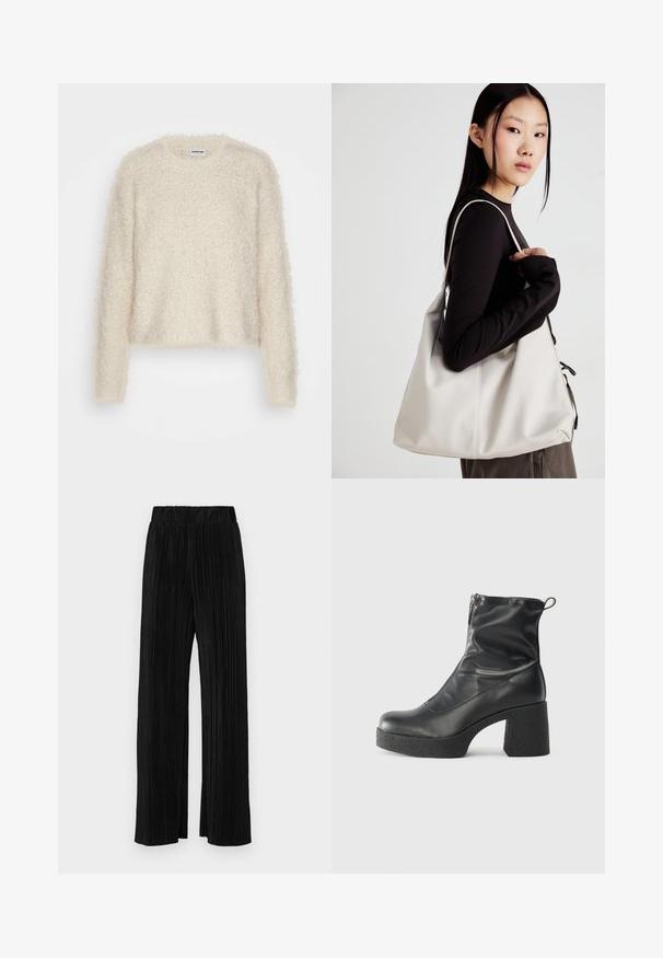 Fluffy cream sweater with a textured knit, long sleeves, and a round neckline. Cropped design and loose fit for comfort.; Black pleated trousers with an elastic waistband. Features wide legs and a smooth, textured fabric with vertical stripes.; Black ankle boots made of smooth leather, featuring a side zipper, chunky textured heel, and rounded toe design.; Beige handbag made of soft material, featuring a slouchy design, stitched detailing, and two shoulder straps. Suitable for everyday use.