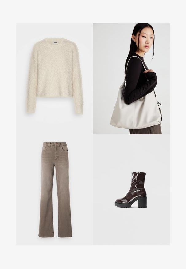 Fluffy cream sweater with a textured knit, long sleeves, and a round neckline. Cropped design and loose fit for comfort.; Brown high-waist straight-leg jeans with front button, belt loops, and classic five-pocket design on a white background.; Glossy burgundy ankle boot with a chunky black heel, featuring a smooth texture and simple design. No visible fastenings or patterns.; Beige handbag made of soft material, featuring a slouchy design, stitched detailing, and two shoulder straps. Suitable for everyday use.