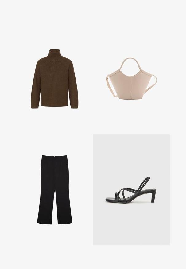 Brauner Strickpullover mit hohem Kragen, Raglanärmeln und geripptem Muster. Lässige Passform, einfarbig ohne Muster.; Schwarze Hose mit geradem Schnitt, ausgestattet mit Fronttaschen und Seitenschlitzen am Saum. Hergestellt aus weichem, glattem Stoff. Geeignet für verschiedene Anlässe.; Schwarze Sandale mit Riemchen, quadratischer Zehenform und niedrigem Blockabsatz. Verfügt über mehrere dünne Riemen und einen verstellbaren Knöchelriemen. Hergestellt aus glattem Leder.; Beige Lederhandtasche mit einer einzigartigen Form, die zwei kurze Henkel und einen langen verstellbaren Riemen aufweist. Glatte Textur mit minimalen Hardware-Elementen.