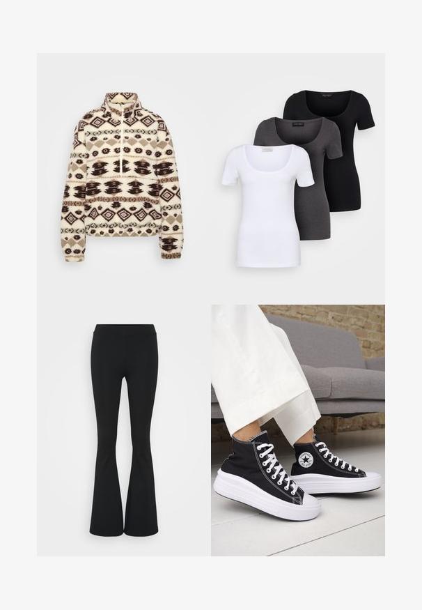 Krém színű polár pulóver sötétbarna és taupe geometrikus mintákkal, magas gallérral, fél cipzárral elöl, valamint elasztikus mandzsettákkal és aljjal.; Három szűkített T-póló fehér, szürke és fekete színben. Mindegyik széles, kerek nyakkal és rövid ujjakkal rendelkezik. Simább, elasztikus anyagból készült.; Fekete harangszárú nadrág, rugalmas anyagból készült, magas derékkal és sima felülettel. A nadrág a térdtől kezdve bővül.; Fekete magas szárú tornacipők fehér gumitalppal és fűzővel. Kör alakú logófolttal és kontrasztos fehér varrással. Vászon anyagból.