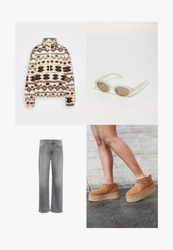 Pulič s flisom u krem boji s tamnosmešnim i taupe geometrijskim uzorcima, visokim ovratnikom, polu-zip prednjim dijelom te elastičnim manžetama i rubom.; Bijela majica kratkih rukava od pamuka. Ima okrugli izrez i opušteni kroj. Glatka tekstura bez vidljivih uzoraka ili naglasaka.; Široke traperice od sive denim tkanine, s visokim strukom, pet džepova, prednjim zatvaranjem na dugme i suptilnim izbljeđivanjem na tkanini.; Smeđi antilop čizmi do gležnja s mekanim postavljanjem, debljim bež platformski potplat i stražnjim povlačnim trakama. Teksturirana površina s vidljivim šavovima.; Ovalne sunčane naočale s prozirnim svijetložutim okvirom i smešnim lećama. Imaju glatku teksturu i suptilne metalne detalje sa strana.