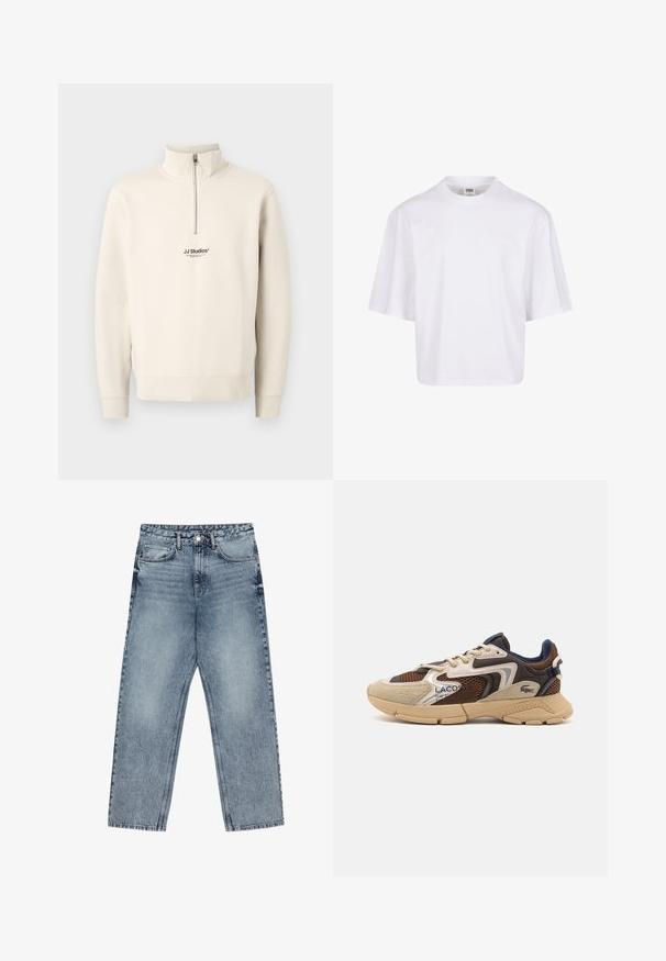 Beige kvart-zip sweatshirt med lange ærmer og ribbede manchetter. Har et lille sort "JJ Studios" logo på brystet. Lavet af blødt materiale.; Hvid t-shirt med korte ærmer, der har en rund halsudskæring og en afslappet pasform, lavet af et glat bomuldsblandingsstof. Ingen mønstre eller udsmykninger.; Lysblå denim jeans med lige ben, synlig syning, fem lomme-design og knaplukning ved taljen.; Beige og brune sneakers med strukturerede mesh-paneler, suedette detaljer og gummisål. Har snørebåndsdesign og brandede detaljer.