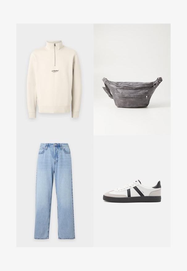 Beige Sweater mit Viertelreißverschluss, langen Ärmeln und gerippten Bündchen. Ausgestattet mit einem kleinen schwarzen "JJ Studios"-Logo auf der Brust. Hergestellt aus weichem Material.; Helle blaue Jeans im geraden Schnitt, hohe Taille, fünf Taschen und Knopfverschluss. Mit ausgewaschenem Look und Kontraststeppnaht.; Weiße Sneaker mit schwarz- und grau-aczenten, ausgestattet mit einer strukturierten grauen Zehenkappe, schwarzer Gummi-Sohle und flachen weißen Schnürsenkeln. Sauberes Design, minimalistische Stil.; Graue Wildleder-Gürteltasche mit runder Form, zwei mit Reißverschluss verschlossenen Fächern und verstellbarem Trageriemen. Mit metallischen Hardware-Akzenten.